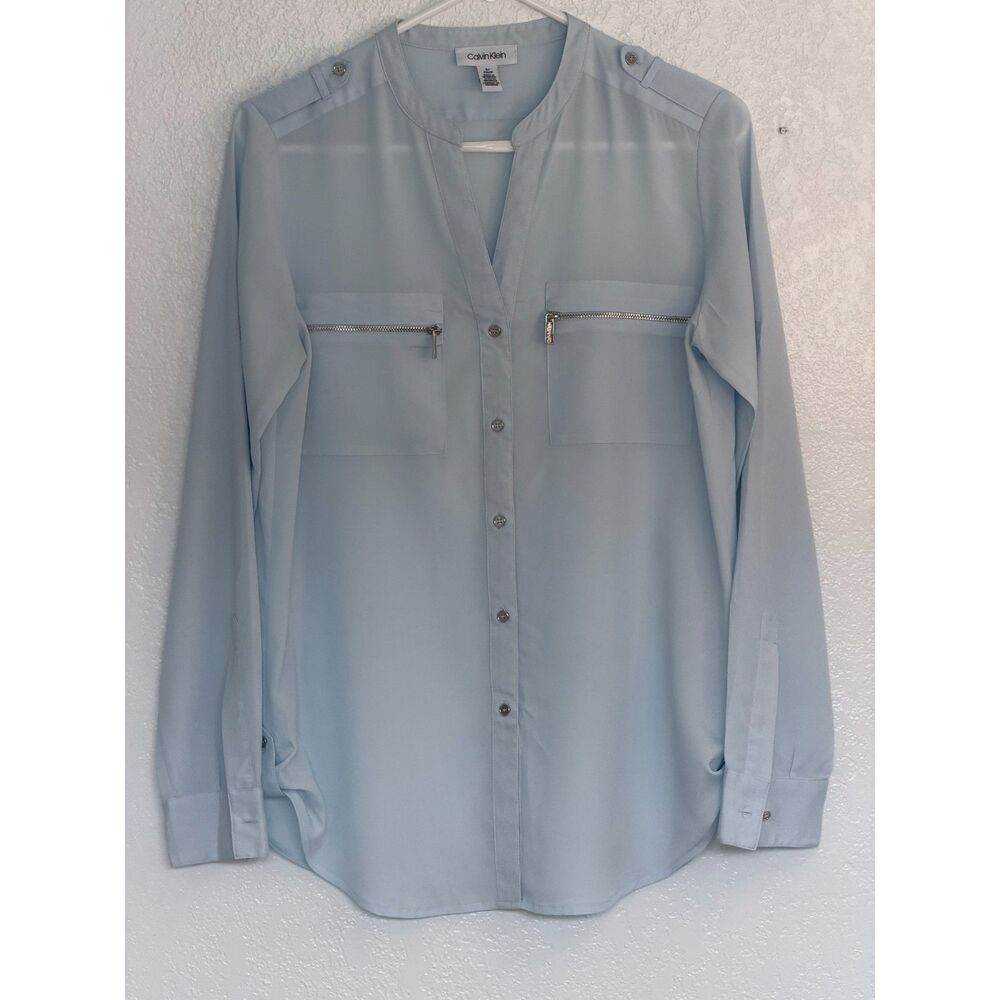 Calvin Klein Light Blue Zip Pocket Blouse Womens Small Long Sleeve Career Top